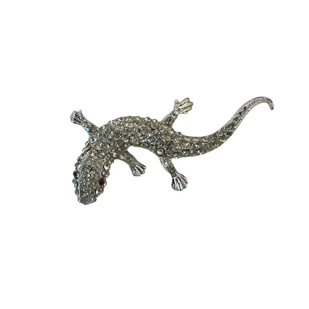Womens Crystal Rhinestone Gecko Lizard Brooch Pin Jewelry Accessory Silver Tone